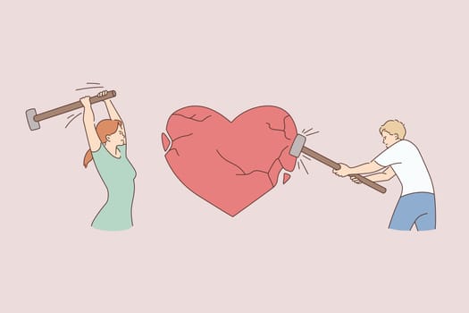 Problems in relations, conflict, break up concept. Young furious couple hitting huge red heart with hammers bitting relationships splitting up vector illustration