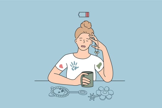 Tiredness and stress of young mother concept. Young woman mother sitting with hot drink feeling low energy stressed exhausted vector illustration