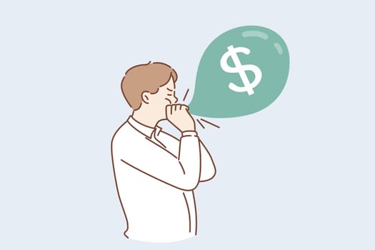 Making money, Profit, financial success concept. Young man worker businessman cartoon character standing inflating bubble with dollar currency sign vector illustration