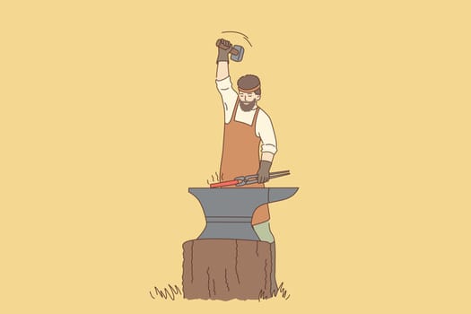 Work and tools of blacksmith concept. Young man blacksmith cartoon character with beard in apron standing working with hot iron vector illustration