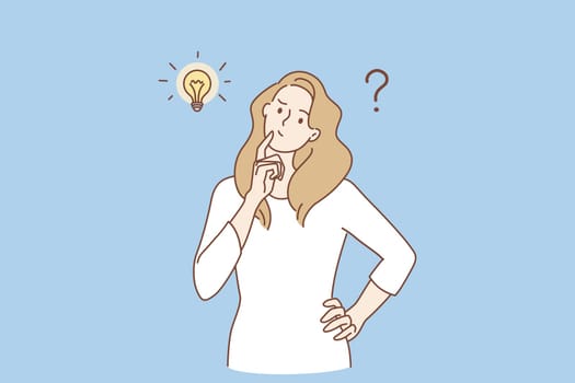 Frustration, doubt and question concept. Young frustrated woman cartoon character standing feeling doubt with question marks above vector illustration