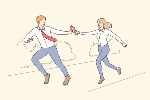 Teamwork, collaboration and business challenge concept. Young woman worker running and giving baton to colleague man in suit and tie meaning success and achievement concept vector illustration