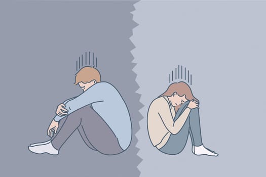 Problems in couple relations concept. Young sad depressed couple sitting back to back crying feeling lonely having bad relationships splitting up vector illustration