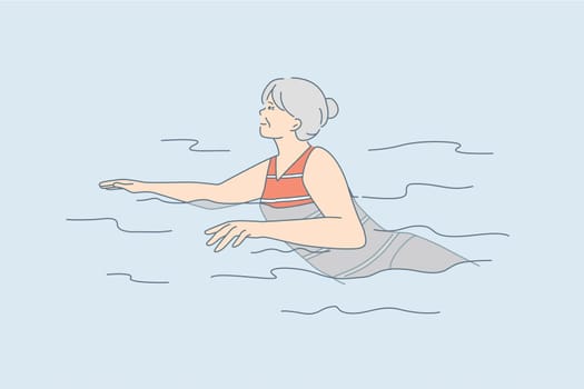 Elderly people active lifestyle concept. Old mature positive woman cartoon character swimming in water feeling great vector illustration