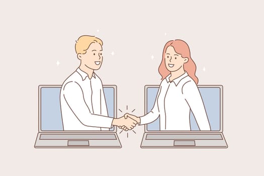 Online meeting and videoconference concept. Young smiling business people shaking hands from laptops screens after online meeting vector illustration