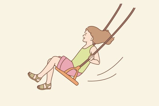 Happy childhood, summer activities concept. Young smiling girl sitting riding on swing un summer having fun outdoors vector illustration