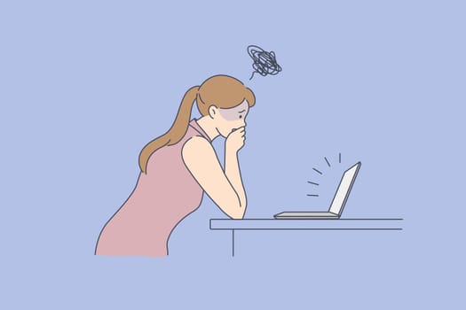 Bad news online from internet concept. Young stressed woman standing looking at laptop screen covering lipe with hand feeling shocked with bad news vector illustration