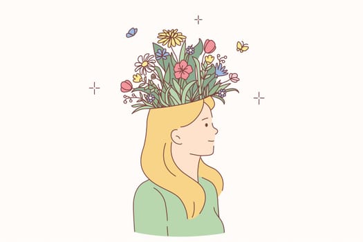 Woman with blooming head concept. Young smiling blonde female cartoon character standing having blooming flower bouquet on head vector illustration