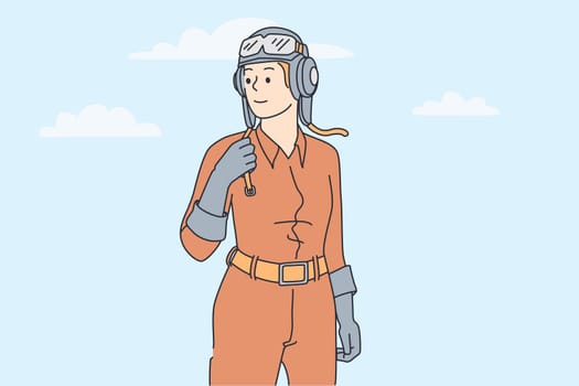 Woman working as pilot concept. Young smiling woman in helmet and protective clothes standing looking away feeling freedom and confidence vector illustration