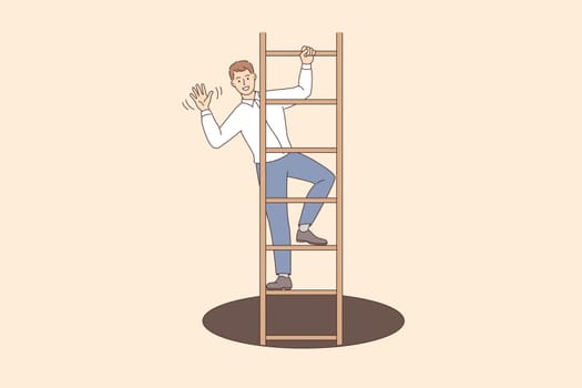 Business success and development concept. Young smiling businessman cartoon character waving hand standing on ladder climbing up vector illustration
