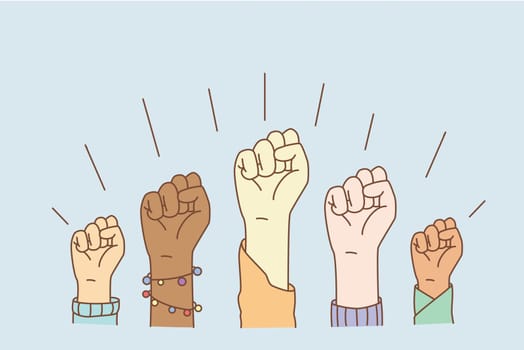 Equal rights and stop racism concept. Hands of mixed race people group showing fists meaning equality and stop discrimination vector illustration