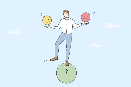 Multitasking and cheering business concept. Young smiling businessman standing on roll circle shape balancing holding positive and negative emoji in hands vector illustration