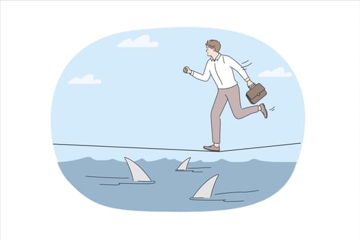Business risks and challenge concept. Young stressed businessman running on rope over sea full of danger sharks hurrying vector illustration