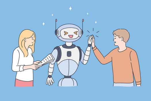 High technology and robot concept. Young couple man and woman standing greeting waving hands with robot over blue background vector illustration