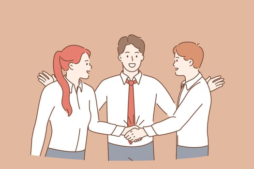 Teamwork, collaboration and business partnership concept. Group of Young men and women workers cartoon characters standing shaking hands after successful deal meaning success and achievement