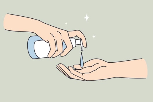 Hand sanitizer and cleaning concept. Human hands pulling soap or sanitizer for hygiene one to another vector illustration