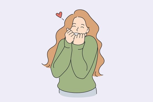 Positive emotions and love concept. Young smiling woman cartoon character standing feeling love with heart shape nearby vector illustration