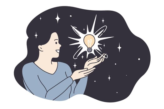Enlightenment, harmony, having great idea concept. Young smiling woman cartoon character having light bulb in flying brunette hair feeling positive and excited vector illustration