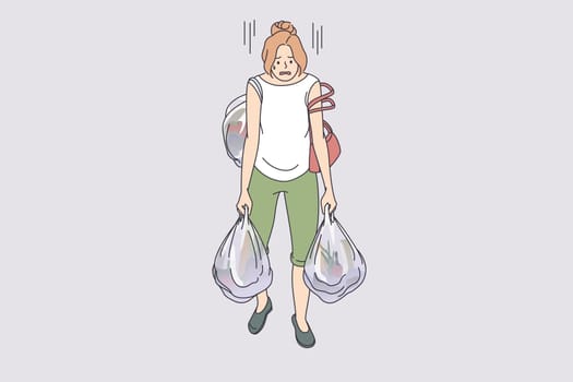 Carrying heavy bags tiredness concept. Young exhausted tired woman cartoon character going carrying many heavy shopping bags full of food from supermarket vector illustration