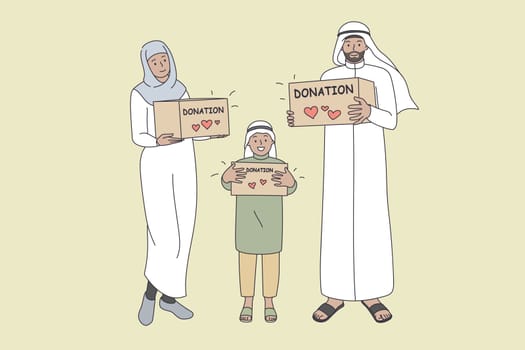 Donation for muslim families concept. Smiling arabic family mother father son standing holding donation boxes in hands with lettering for charity ramadan vector illustration