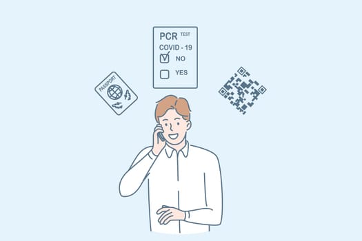 Traveling during covid-19 pandemic concept. Young smiling businessman standing smiling talking on phone having negative coronavirus test for business trip vector illustration