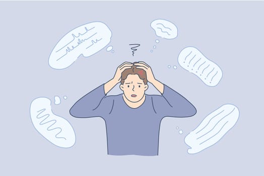 Stress, exhaustion, fullness of thoughts concept. Young stressed man cartoon character touching head feeling thinking having variety of thoughts vector illustration