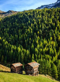 Traditional old barns in a village in the Swiss Alps