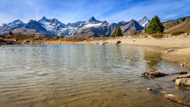 Scenic view of a small lake with Swiss Alps in the background