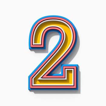 Slab serif colorful outlined font with shadows Number 2 TWO 3D rendering illustration isolated on white background