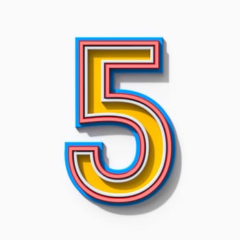 Slab serif colorful outlined font with shadows Number 5 FIVE 3D rendering illustration isolated on white background