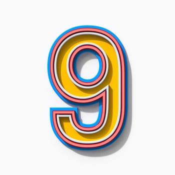 Slab serif colorful outlined font with shadows Number 9 NINE 3D rendering illustration isolated on white background