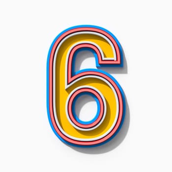 Slab serif colorful outlined font with shadows Number 6 SIX 3D rendering illustration isolated on white background