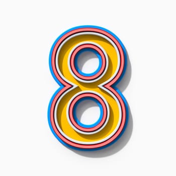 Slab serif colorful outlined font with shadows Number 8 EIGHT 3D rendering illustration isolated on white background