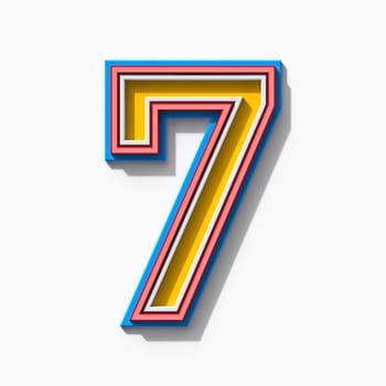 Slab serif colorful outlined font with shadows Number 7 SEVEN 3D rendering illustration isolated on white background
