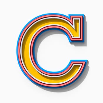 Slab serif colorful outlined font with shadows Letter C 3D rendering illustration isolated on white background