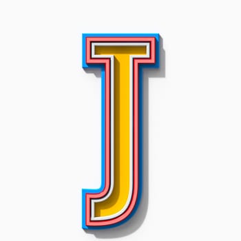Slab serif colorful outlined font with shadows Letter J 3D rendering illustration isolated on white background