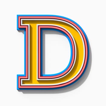 Slab serif colorful outlined font with shadows Letter D 3D rendering illustration isolated on white background