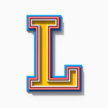 Slab serif colorful outlined font with shadows Letter L 3D rendering illustration isolated on white background