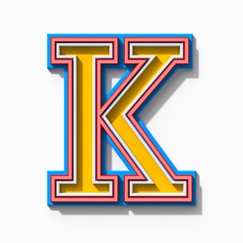 Slab serif colorful outlined font with shadows Letter K 3D rendering illustration isolated on white background