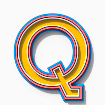 Slab serif colorful outlined font with shadows Letter Q 3D rendering illustration isolated on white background