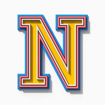 Slab serif colorful outlined font with shadows Letter N 3D rendering illustration isolated on white background