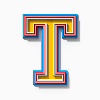 Slab serif colorful outlined font with shadows Letter T 3D rendering illustration isolated on white background