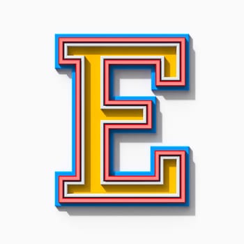 Slab serif colorful outlined font with shadows Letter E 3D rendering illustration isolated on white background