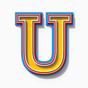 Slab serif colorful outlined font with shadows Letter U 3D rendering illustration isolated on white background