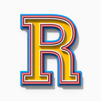 Slab serif colorful outlined font with shadows Letter R 3D rendering illustration isolated on white background