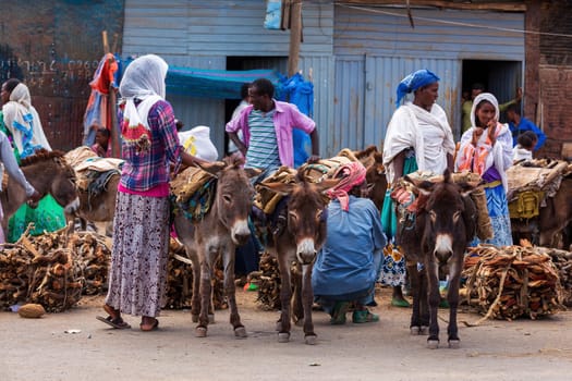 AXUM, ETHIOPIA, APRIL 27th 2019: Tigray native people selling firewood loaded on dirty donkeys on the main street of Aksum on April 27, 2019 in Aksum, Ethiopia Africa