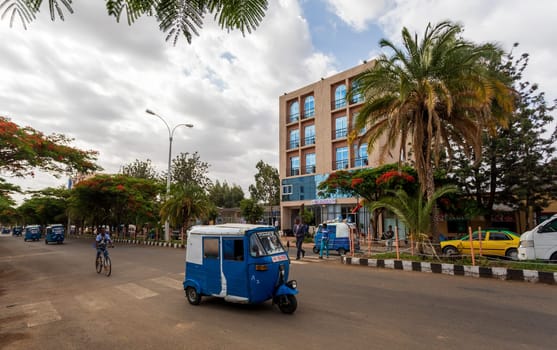 AXUM, ETHIOPIA, APRIL 27th.2019: Tuk Tuk, traditional vehicle on the street of Aksum on April 27, 2019 in Aksum, Tigray, Ethiopia Africa