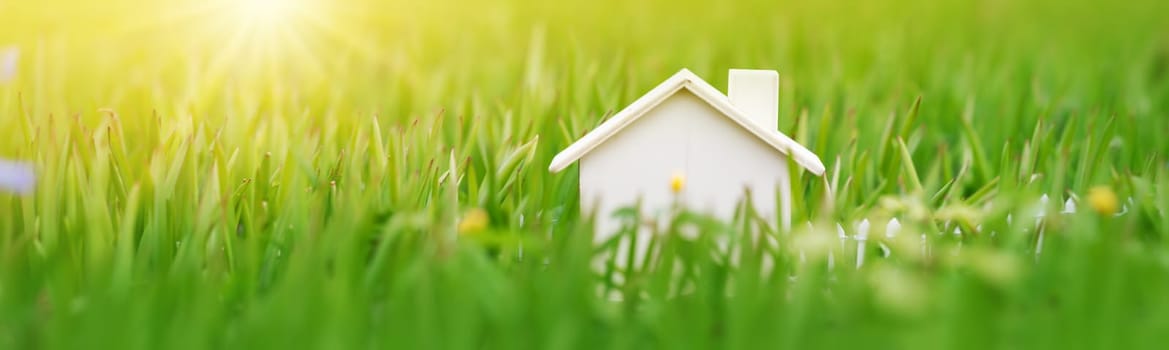 Wooden model of the house standing on the meadow with green grass. Conceptual symbol of buying or selling real estate.