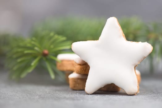Cinnamon stars, traditional german christmas cookies, gingerbread, empty copy space, fir branch