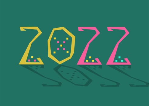 New Year yellow and pink number 2022 with geometric decort. Green background with shadows. Illustration